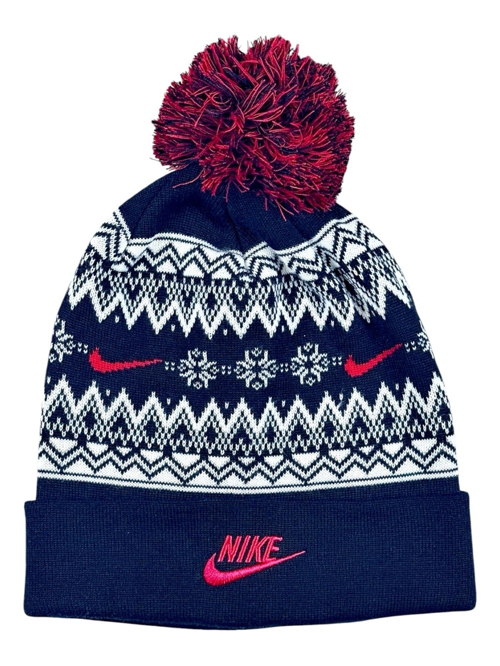 NWT Nike Peak Fair Isle Pom Beanie Black Red
